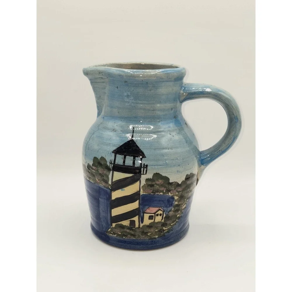 WCL Pottery Hand Painted Lighthouse Pitcher Coastal Nautical Ceramic Jug